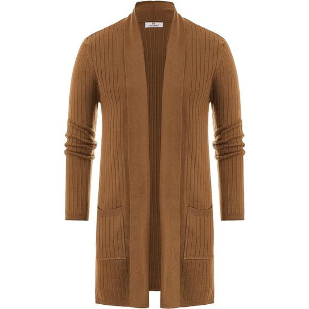 Men's Shawl Collar Open Front Long Cardigan Ribbed Knit Sweater with Pockets - Picture 1 of 6